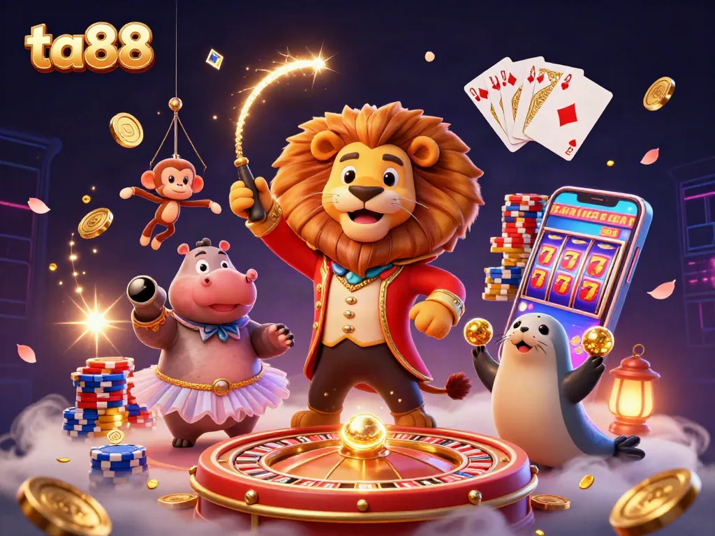 Engage in high-stakes gaming at ta88 with a dynamic circus scene featuring casino characters and elements.