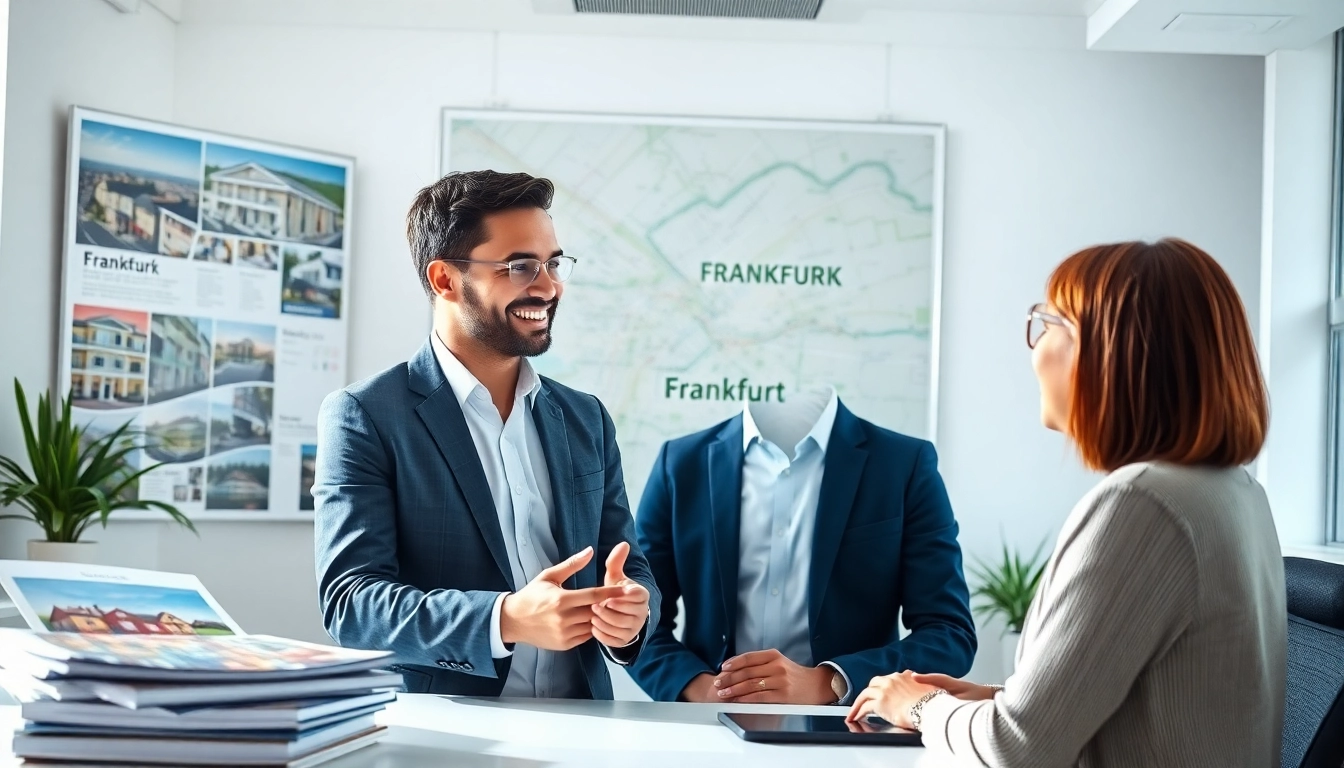 Immobilienmakler Frankfurt Riedberg zeigt Kunden moderne Büroimmobilien in einem freundlichen Setting.