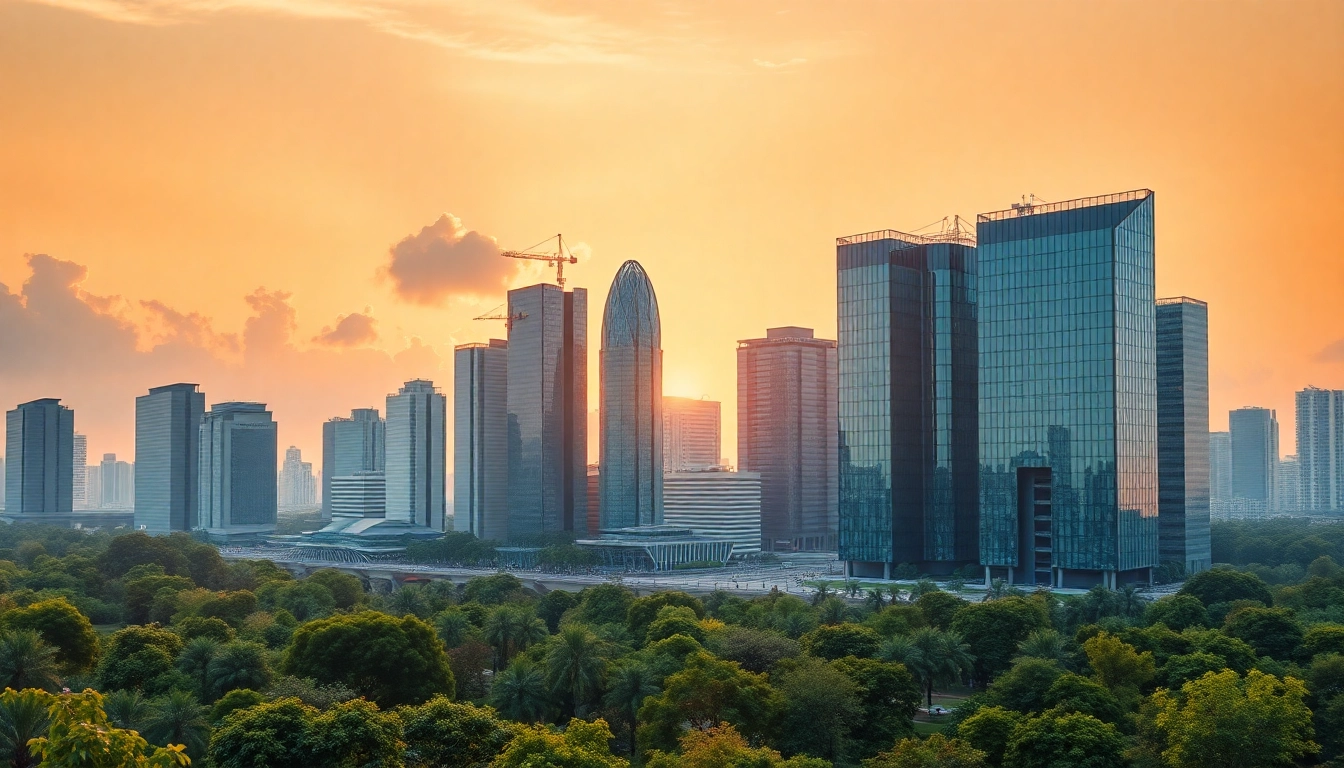 Architektur visualisierung einer modernen Stadtlandschaft mit einem lebendigen Park und futuristischen Gebäuden.