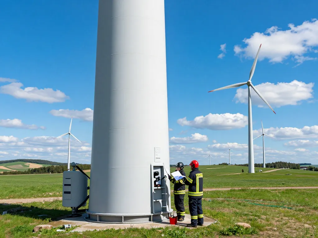 Löschwasserzisterne für Windpark in einem sonnigen Windpark-Umfeld mit Fachleuten, die Brandschutzmaßnahmen überprüfen.
