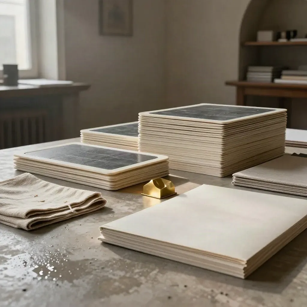 Brand-Atelier mit Konzeptboards, Leinenmustern und Messingobjekt im Morgenlicht.