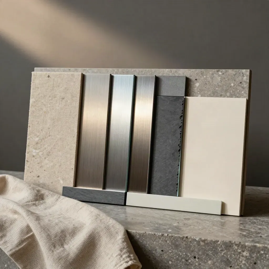 Materialboard mit Stoff-, Stein-, Metall-, Glas- und Papierproben im ruhigen Studiohaze.