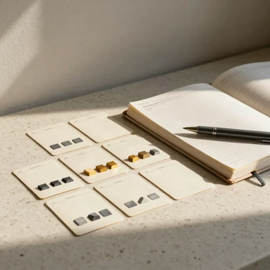 12 Social-Media-Karten, Planerblock und Graphitstift auf hellem Travertin, diagonal im Wind.