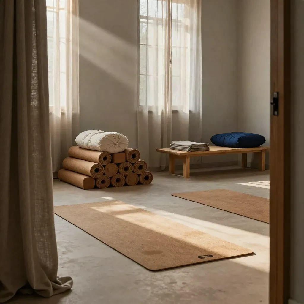 Leeres Yoga-Studio mit Matten, Bolstern, Blöcken, Bank und Vorhängen im Morgenlicht.
