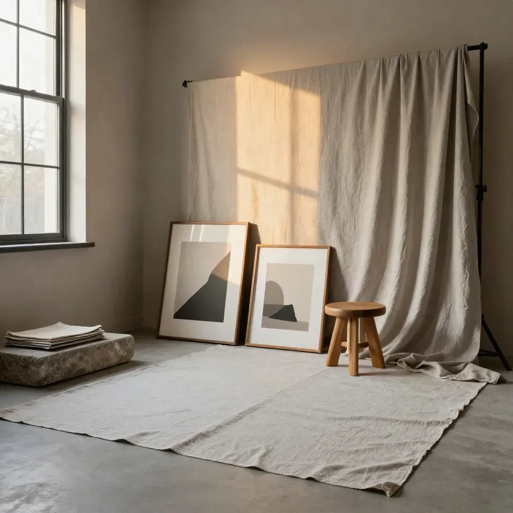 Leeres Fotostudio mit Leinenvorhängen, umgedrehten Prints und Hocker im warmen Fensterlicht.