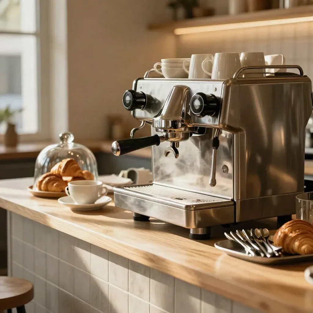 Leere Café-Theke mit Espressomaschine, Tassen, Croissants und weichem Morgenlicht.