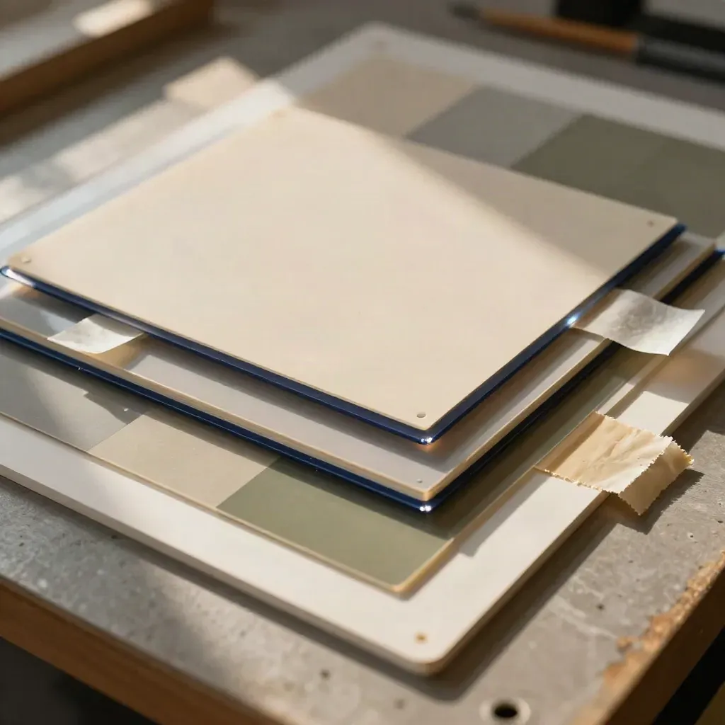 Layout-Kit mit Acetatfolien, Crop-Karten, Klebeband und Farbswatches auf dem Studioarbeitstisch.