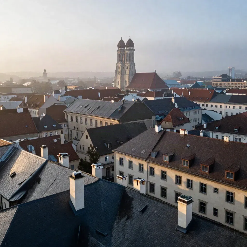 Frauenkirche über Münchner Altstadt-Dächern in blauem Morgennebel