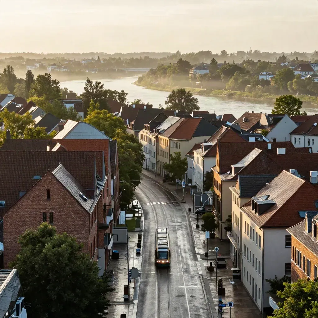 Münchner Osten im goldenen Morgenlicht mit Haidhauser Backsteinfassaden und Isar-Nebel.