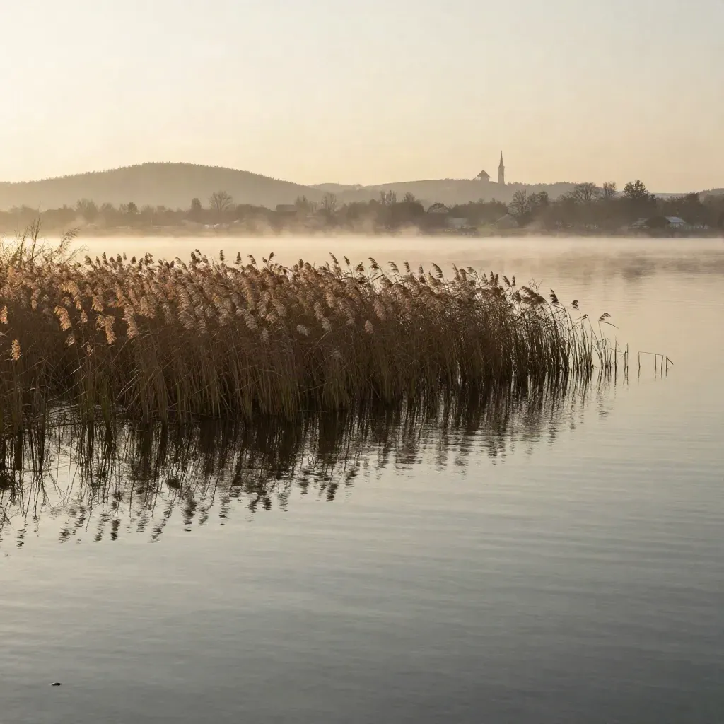 Mistige Uferlandschaft im Münchner Umland mit Schilf, Hügeln und Kirchturm bei Abendlicht