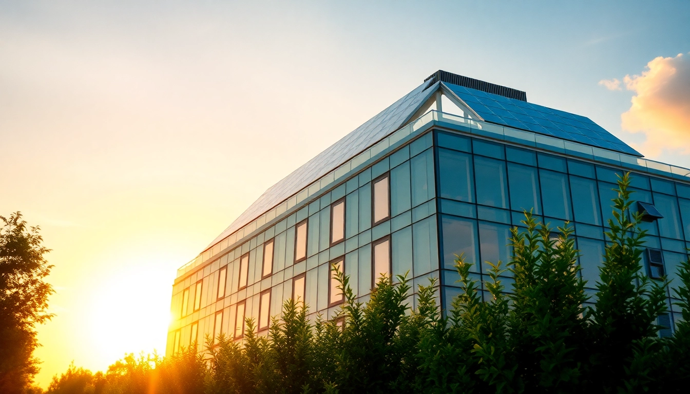 Erleben Sie ein modernes Gebäude mit Photovoltaik Investment auf dem Dach, beleuchtet von Sonnenuntergangslicht.