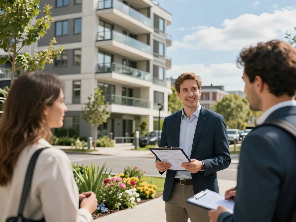 Bester Immobilienmakler Frankfurt berät potenzielle Käufer vor modernem Wohnhaus.