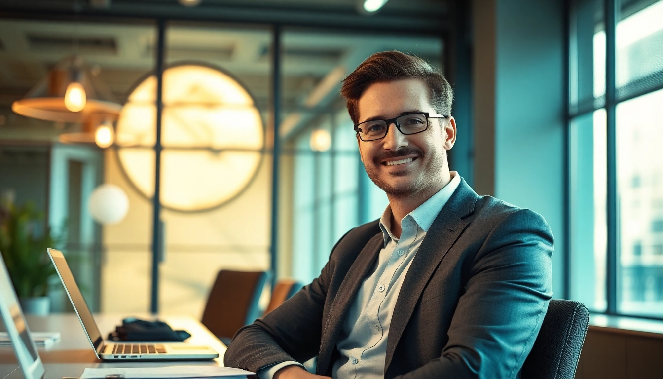 Headhunter IT sitzt in einem modernen Büro und arbeitet konzentriert an einem Laptop.