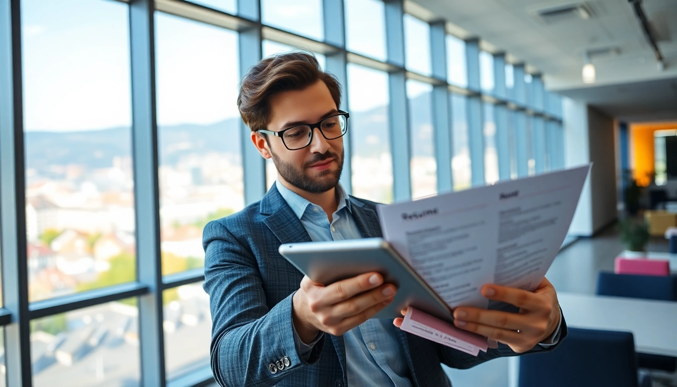 Headhunter Schweiz analysiert Lebensläufe in einem modernen Büro mit urbanem Blick.