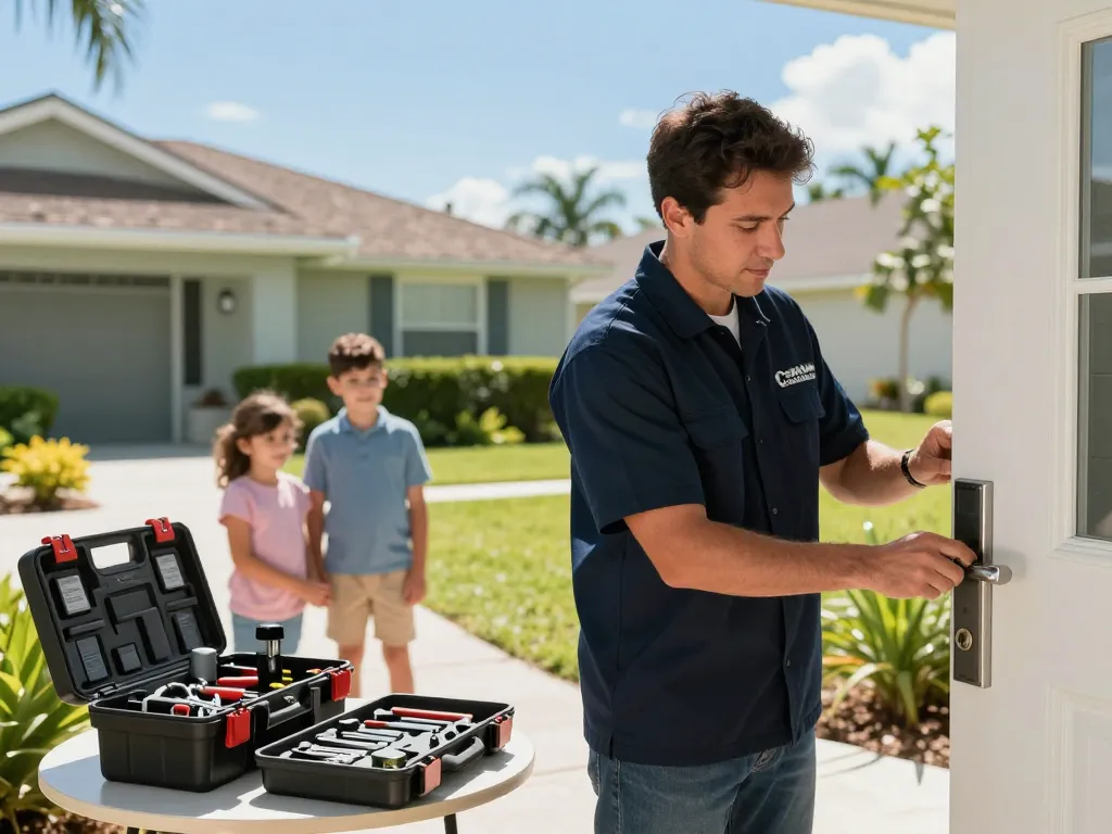 Local locksmith Vero Beach technician working on door lock with family nearby, showcasing expert service.