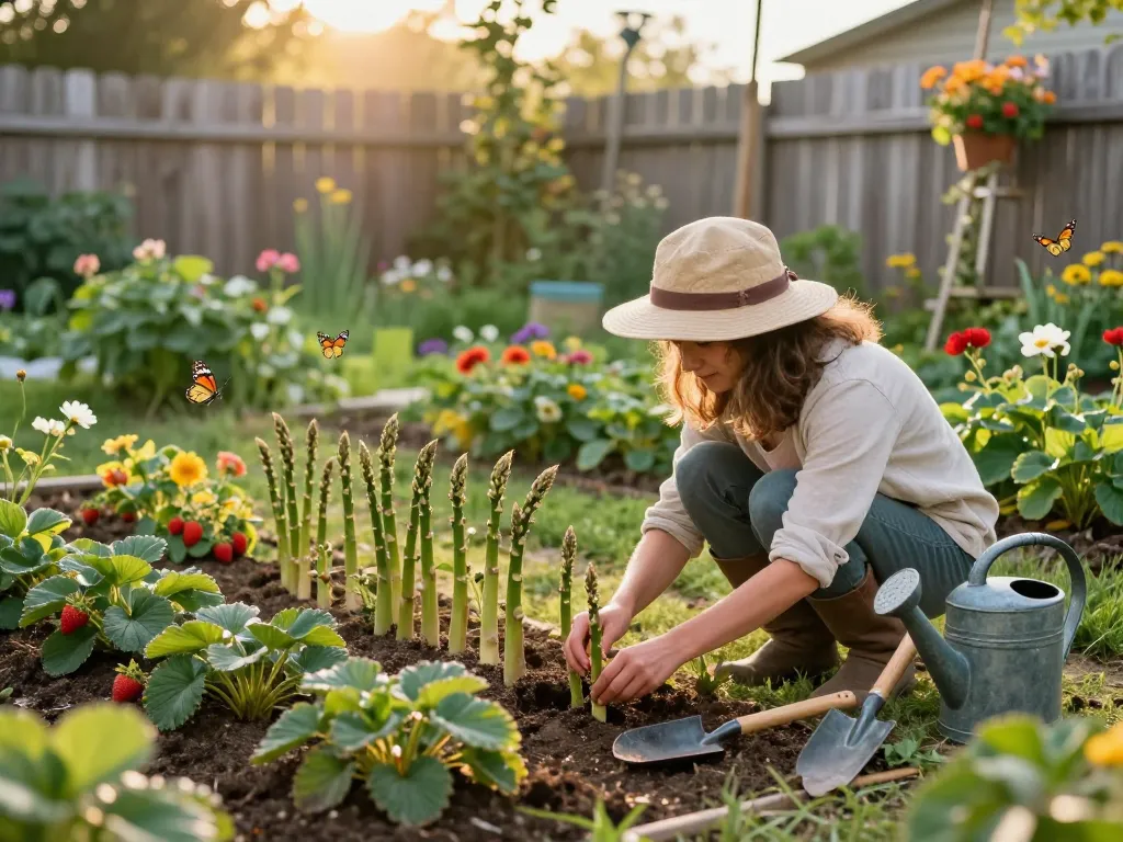 Gardener nurturing asparagus plants in a vibrant home garden, spargel pflanzen kaufen made easy with organic gardening tools.