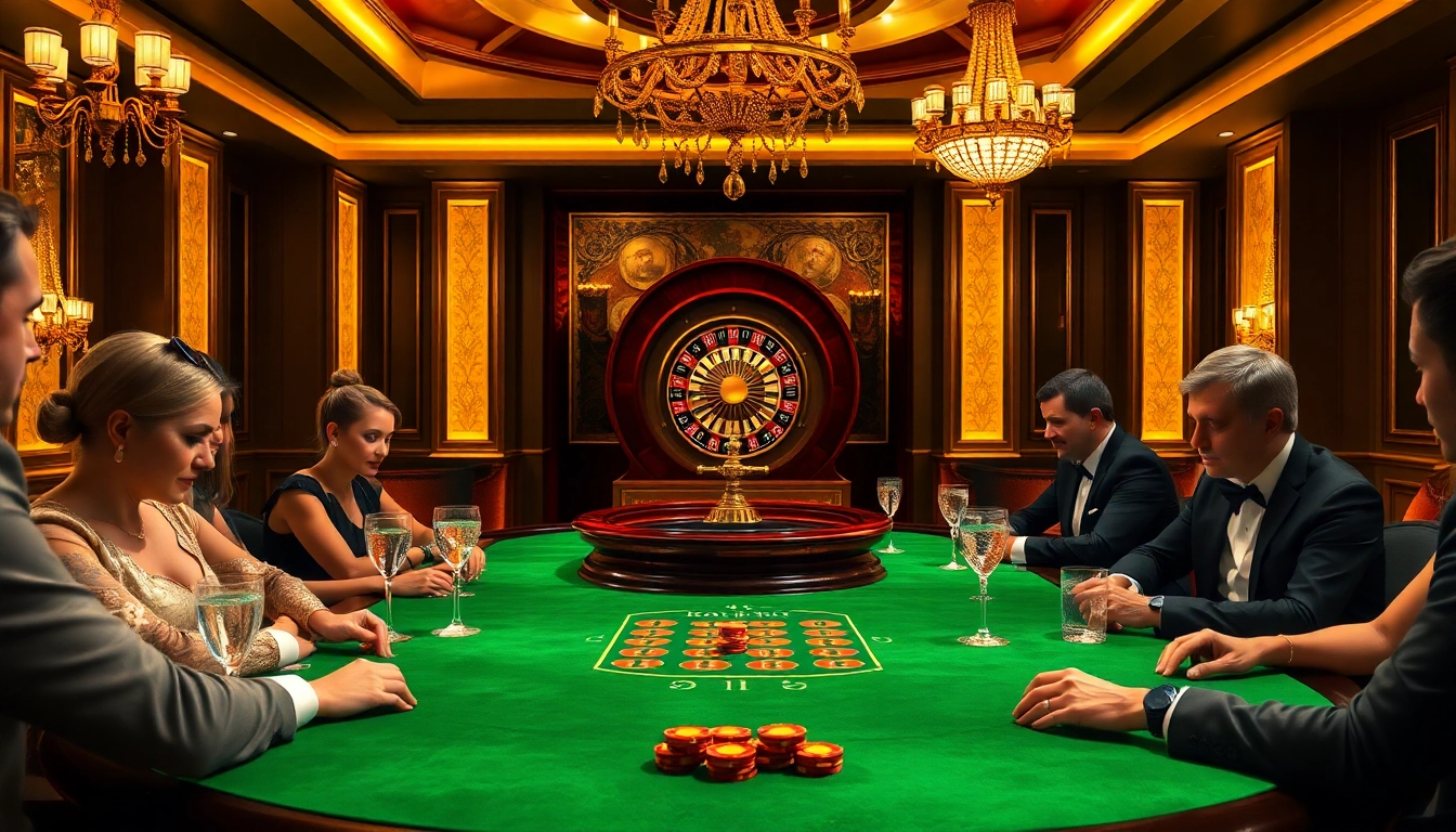 Play at a vibrant poker table in a luxurious casino, featuring tr88 poker chips and elegant decor.