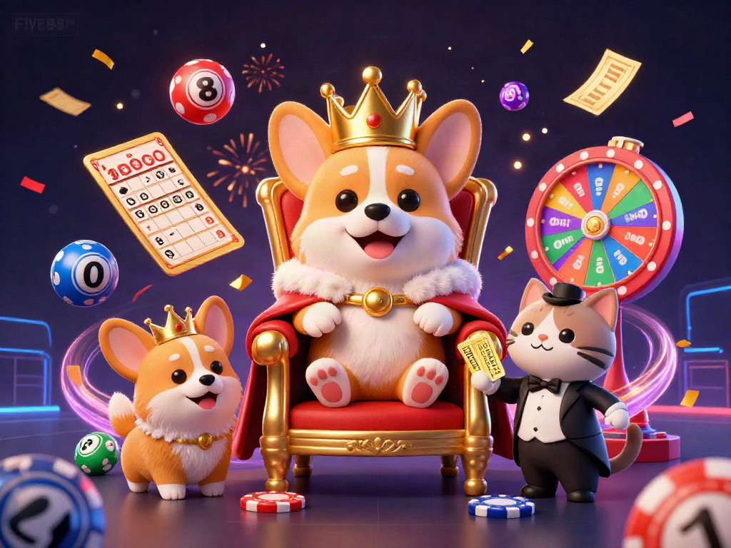 Engage in fun with FIVE88, featuring a royal corgi on poker chip throne amidst lively lottery elements and vibrant confetti.