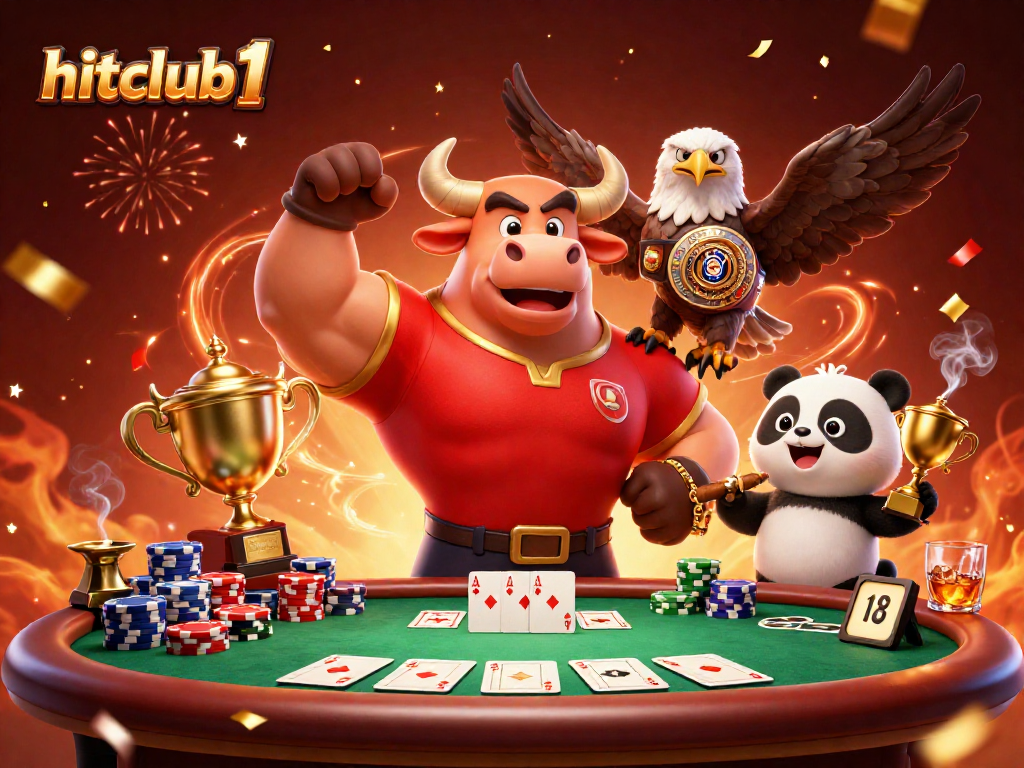 Hitclub1 celebrates wins with a victorious bull mascot, championship eagle, and trophy panda.