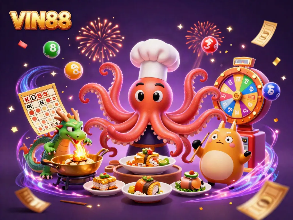 Experience the excitement at VIN88 with a vibrant 3D illustration featuring an octopus chef, dragon, and tanuki among colorful casino elements.