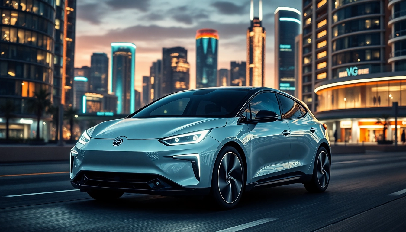 Vorne elektrischer Auto mit futuristischem Design in einer modernen Stadtlandschaft für Elektroautos.