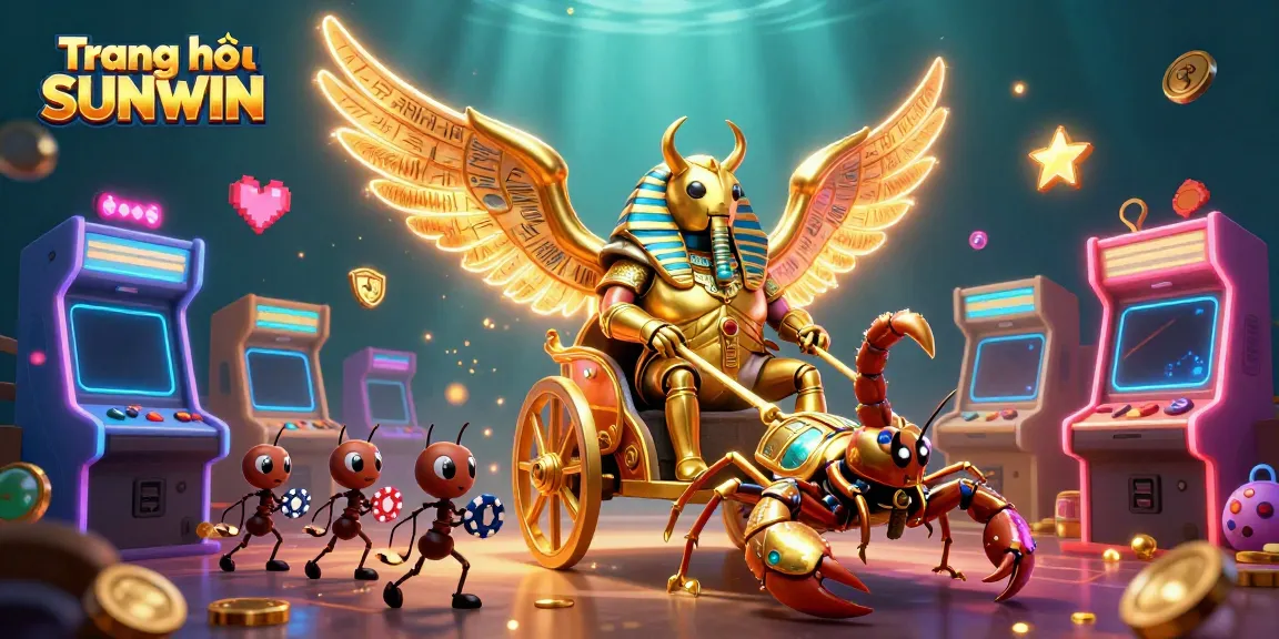 Engage with the thrilling world of Trang chủ SUNWIN, where a golden scarab rides into action amidst vibrant gaming elements.