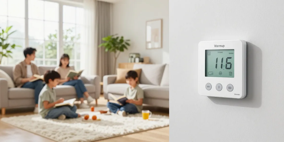 Warmup elektrisches Heizsystem in einem gemütlichen Wohnzimmer, das Komfort und Energieeffizienz zeigt.