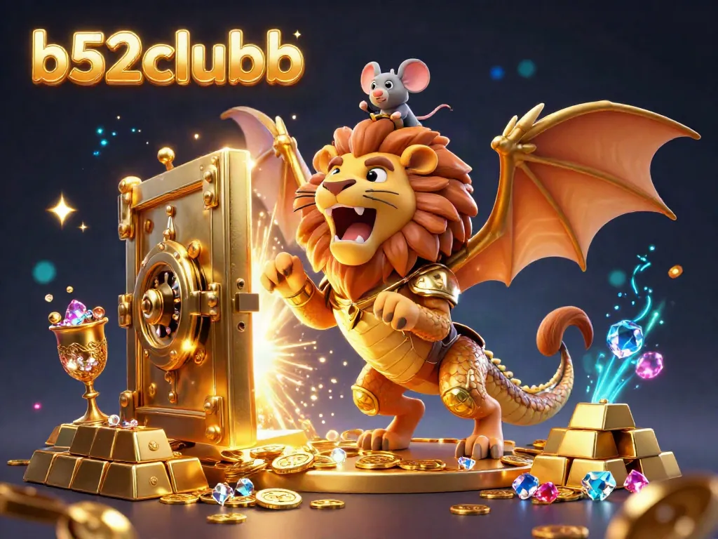 Experience thrilling adventures at b52clubb with a golden chimera and treasures in a vibrant, magical casino scene.
