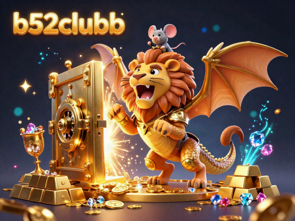 Experience thrilling adventures at b52clubb with a golden chimera and treasures in a vibrant, magical casino scene.
