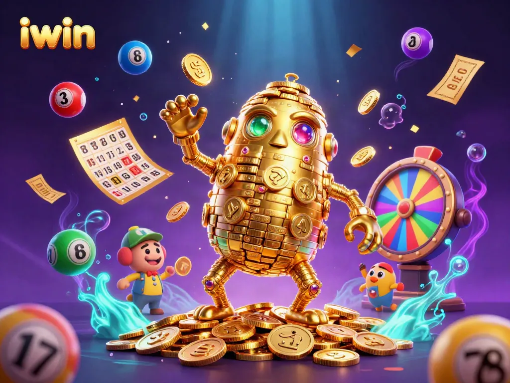 iwin gaming scene with a golden golem, lottery balls, and vibrant casino elements.