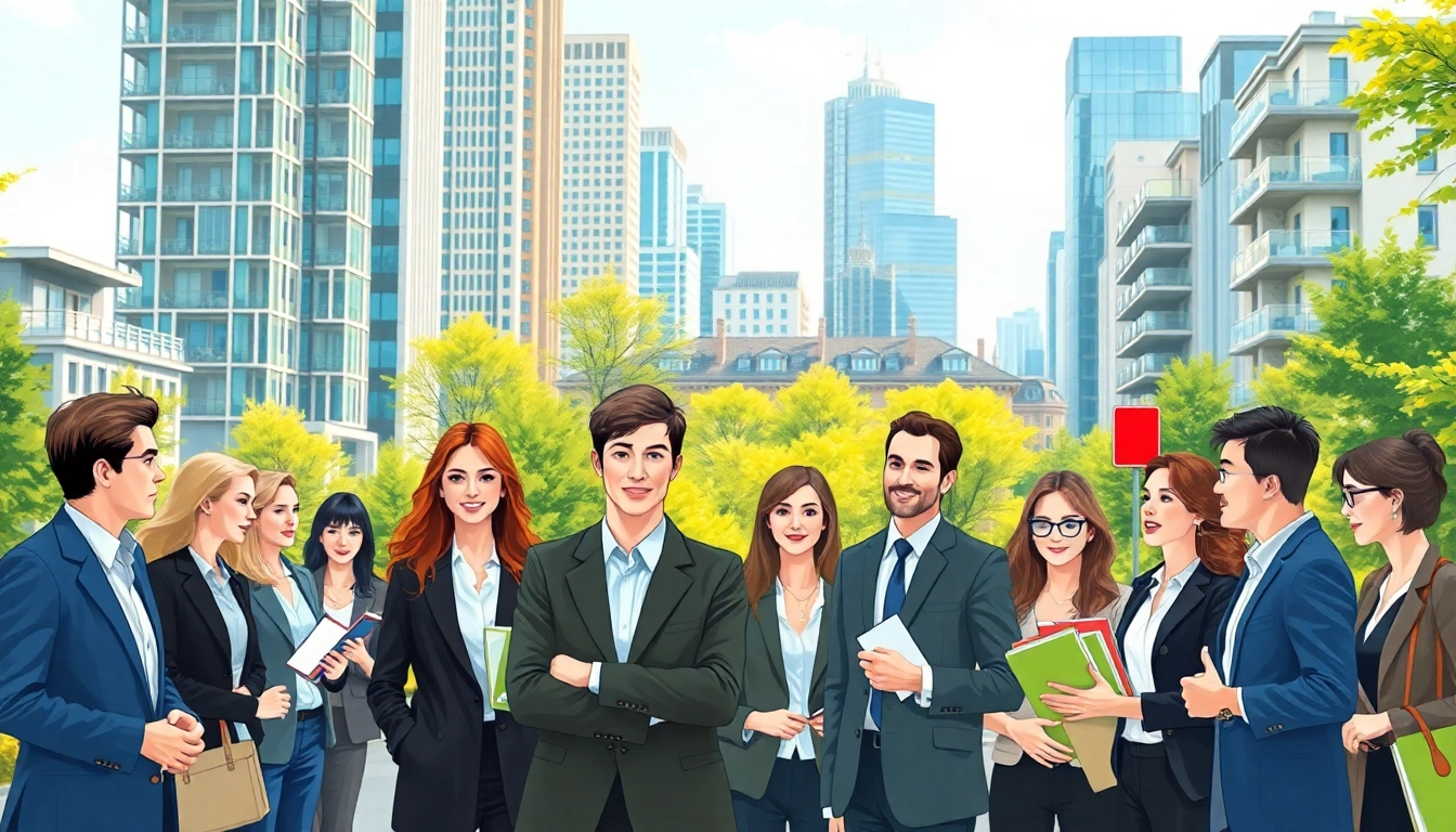 Immobilien Deutschland: Immersive view of real estate agents in a vibrant German city.
