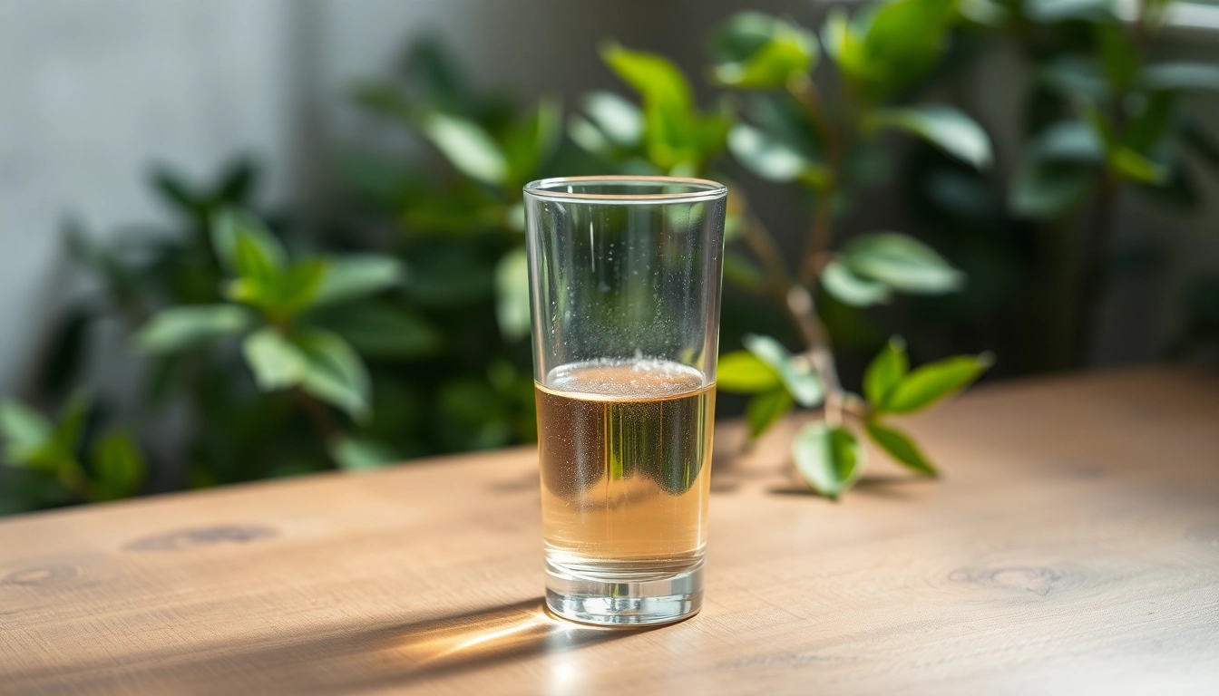 Kolloidales Silber 25 ppm in einer stilvollen Flasche mit natürlichen Elementen und weichem Licht.