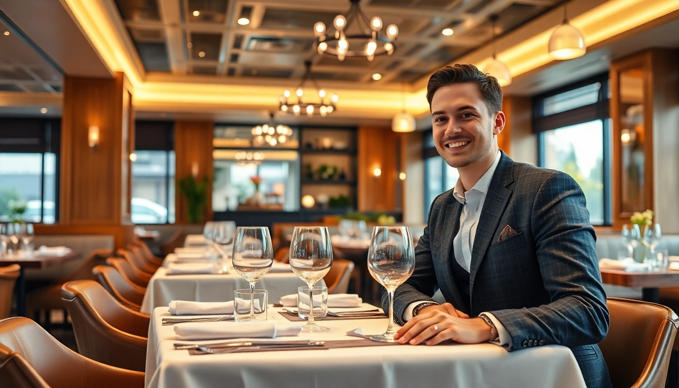 Headhunter Gastronomie in einem eleganten Restaurant, im Gespräch mit Bewerbern, die eine professionelle Atmosphäre schaffen.