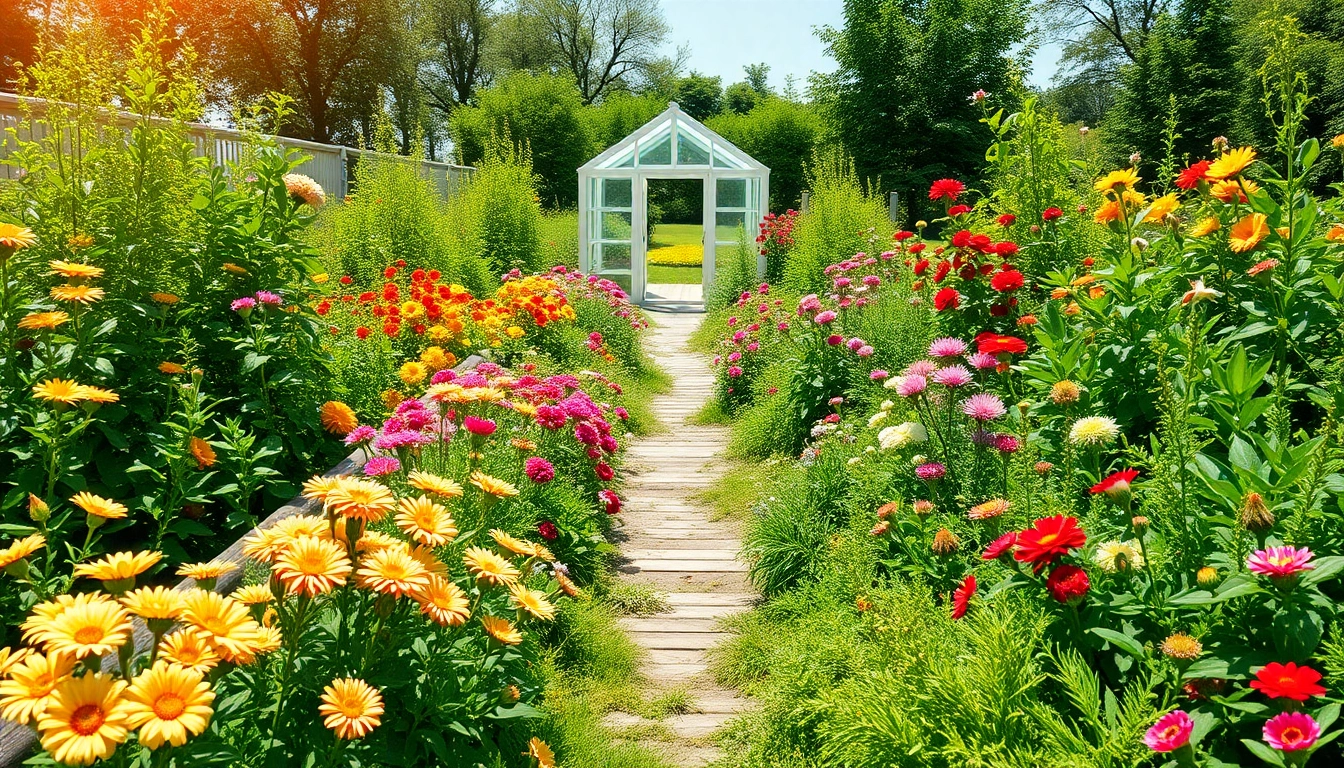 Gartenbaubetrieb mit bunten Blumen und frischen Pflanzen in einem sonnigen Garten.