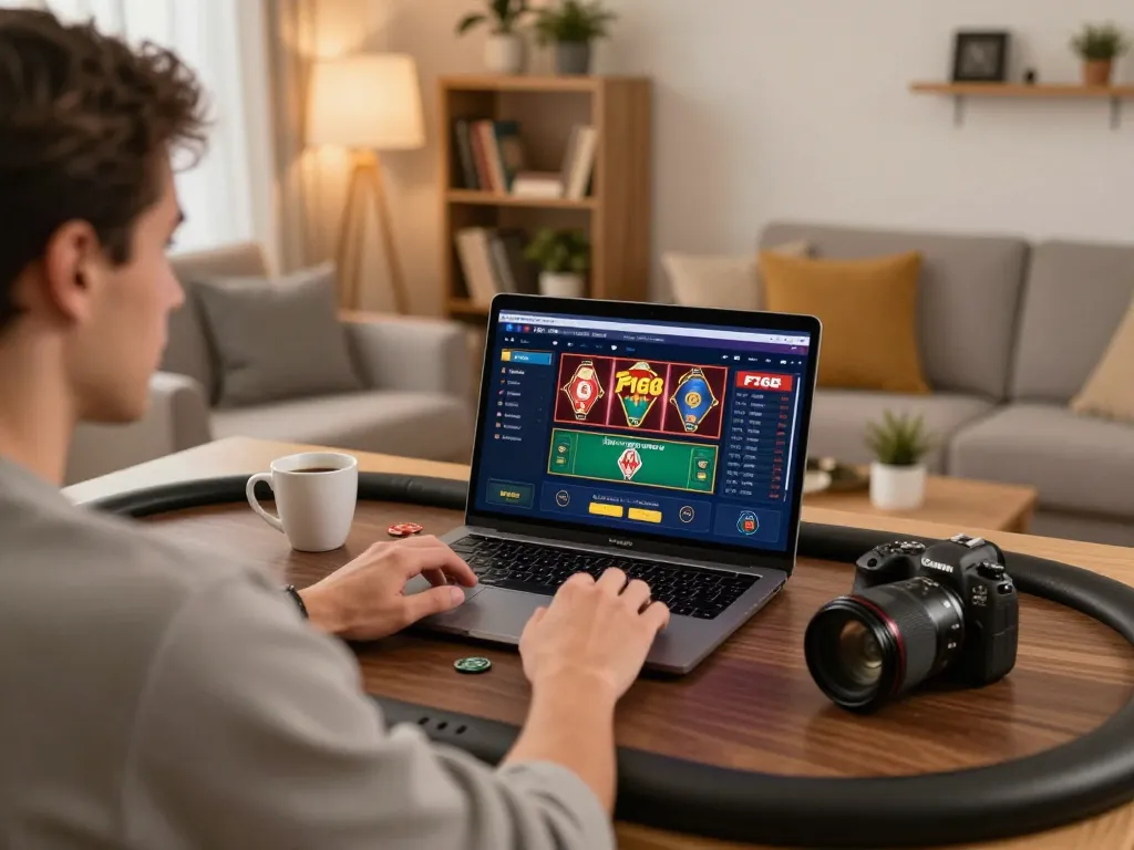 Player engaging with F168 online casino interface on laptop in a cozy home setting.