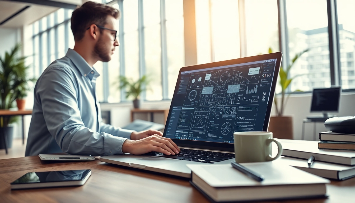 Webentwickler Hannover arbeitet in modernem Büro mit Laptop und technischen Diagrammen.
