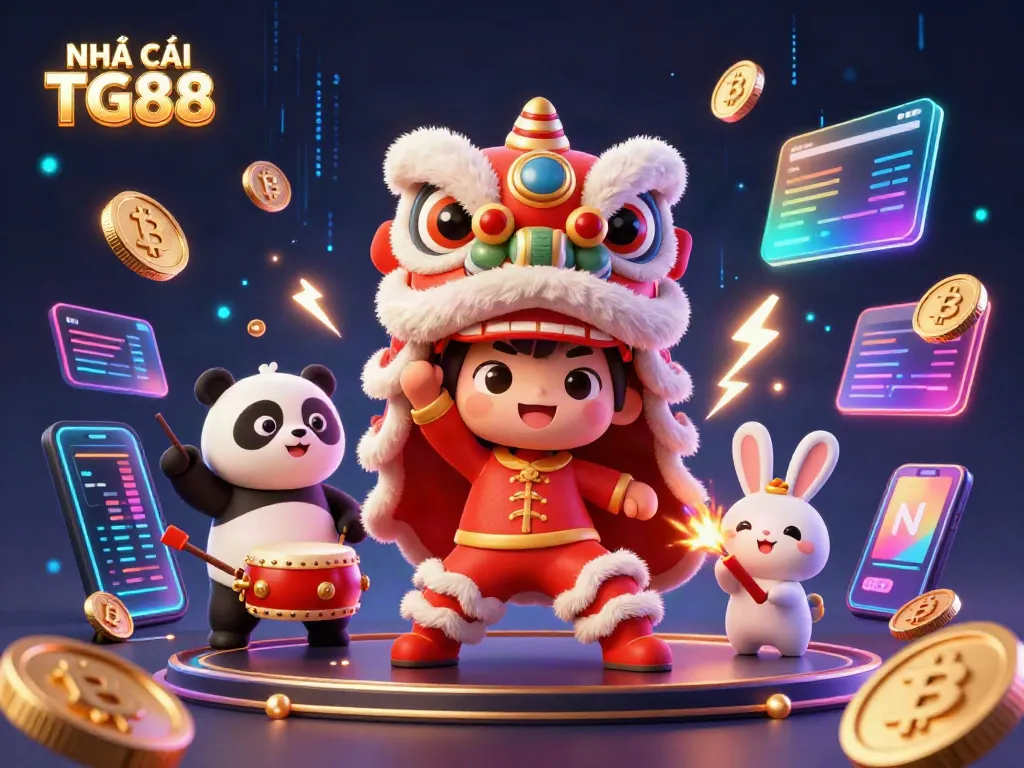 Engaging scene of NHÀ CÁI TG88 with a lion dance, panda, and rabbit amidst vibrant gaming elements.