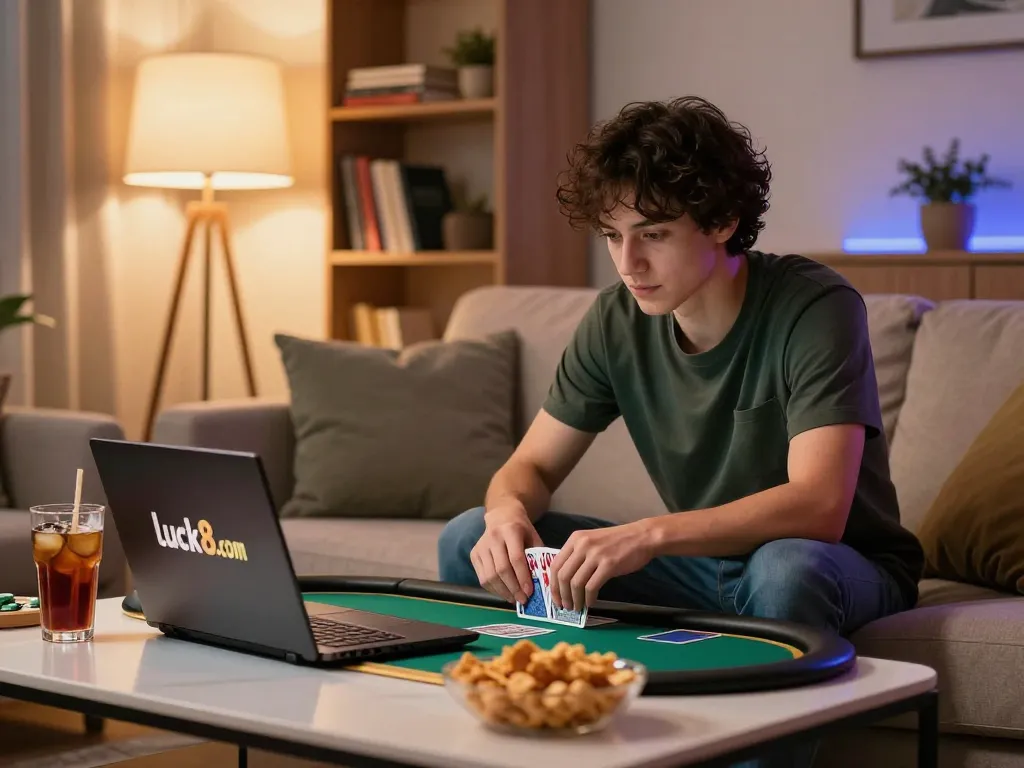 Engaging in online poker on luck8.com, with a cozy home gaming atmosphere and focus on strategy.