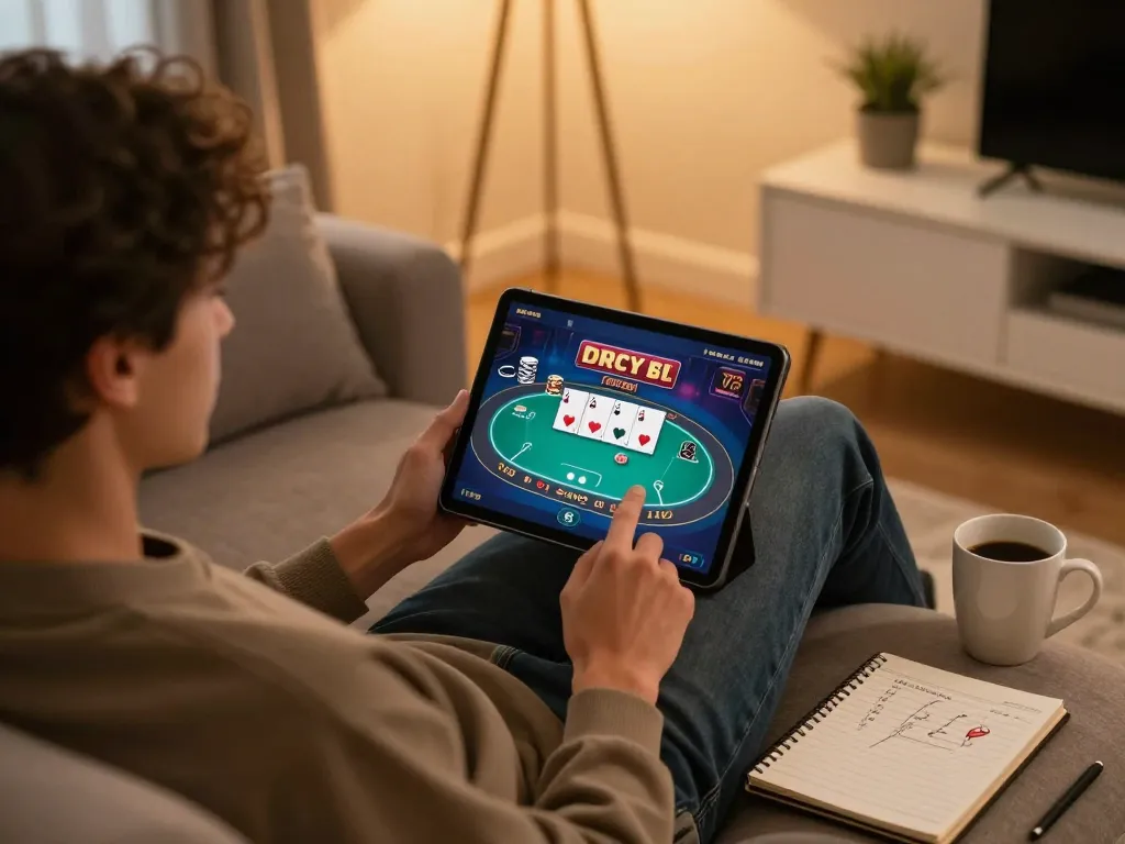 Person enjoying online gaming on lc88 with poker interface in a stylish home atmosphere.