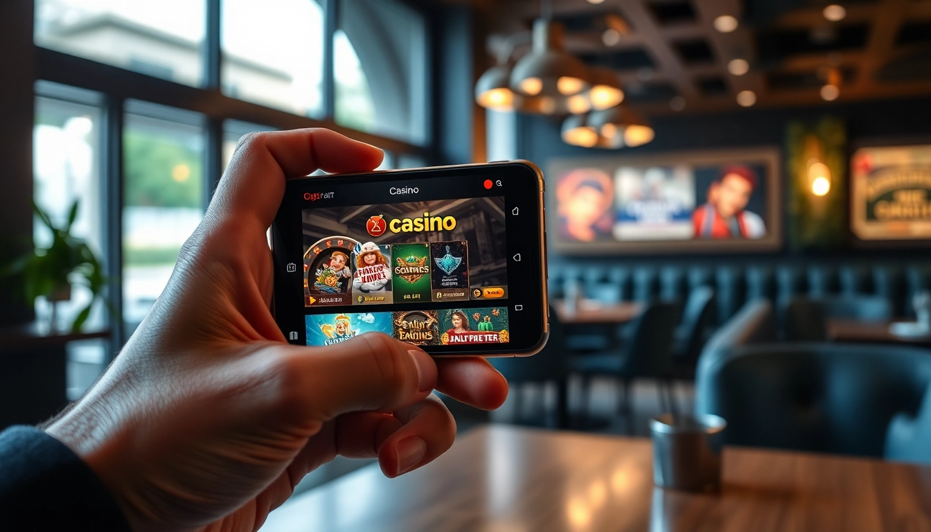 Entdecken Sie die besten Casino apps auf einem stylischen Smartphone, das aufregende Spiele im Café zeigt.