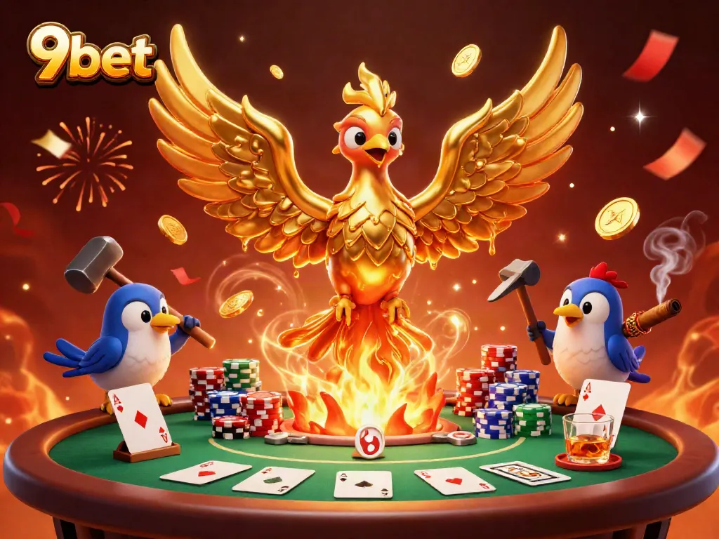 Experience excitement at 9bet, where a golden phoenix and poker elements showcase thrilling gaming adventures.