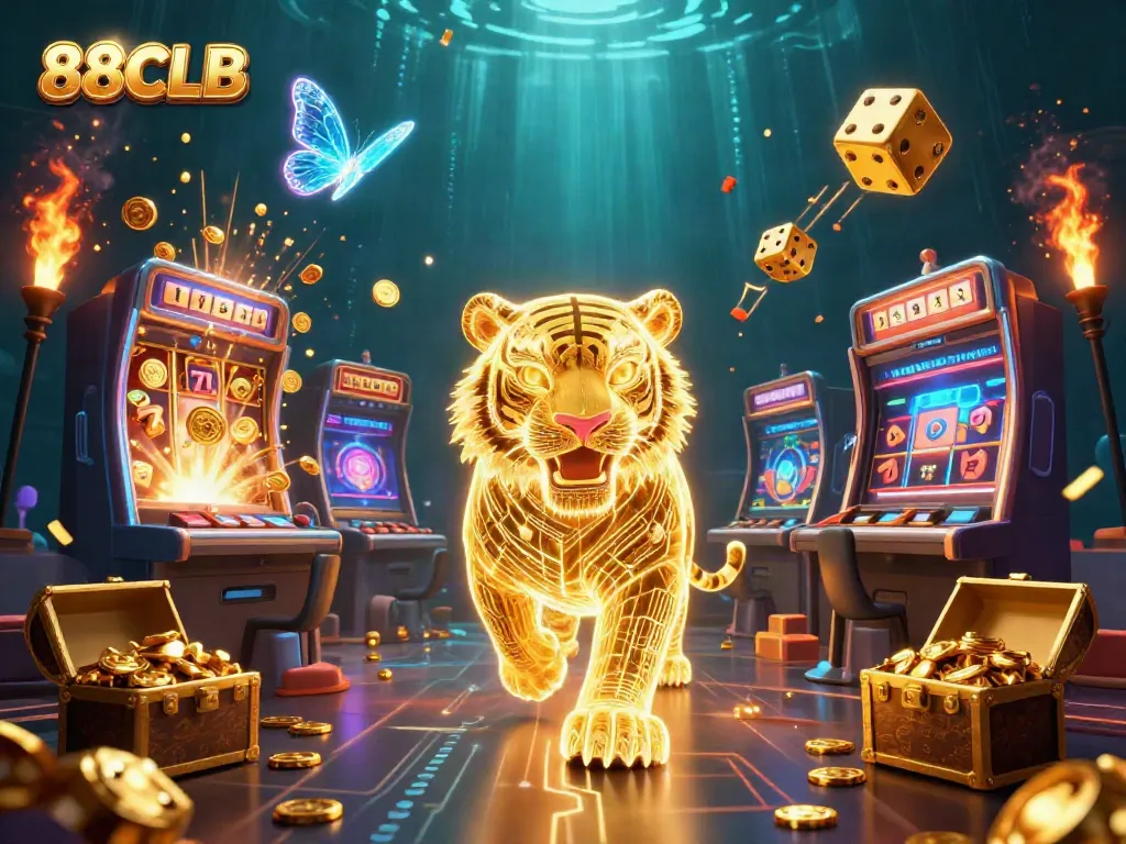 Engage with 88CLB as a golden tiger prowls through a vibrant digital casino, surrounded by jackpots and gaming elements.