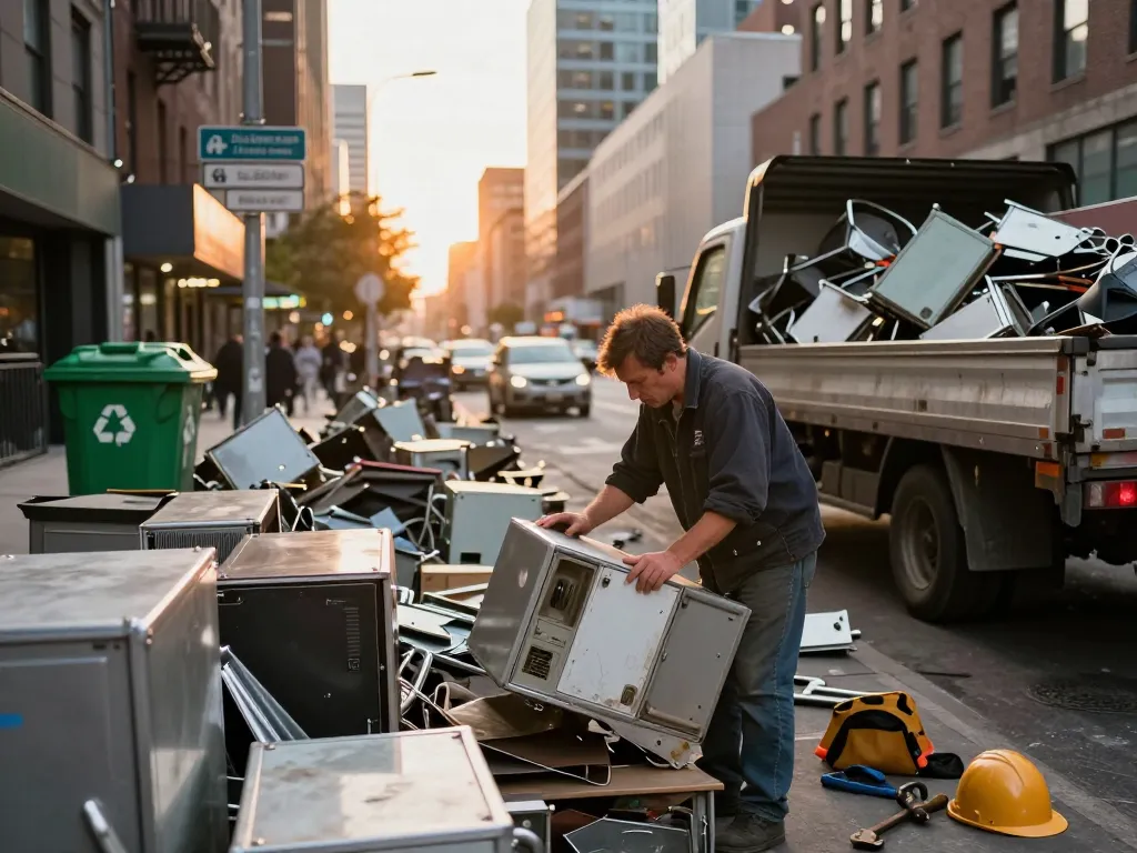 Engagierter Schrotthändler inspiziert Schrottmetall in einer städtischen Umgebung und hebt Recyclingpraktiken sowie Nachhaltigkeit hervor.