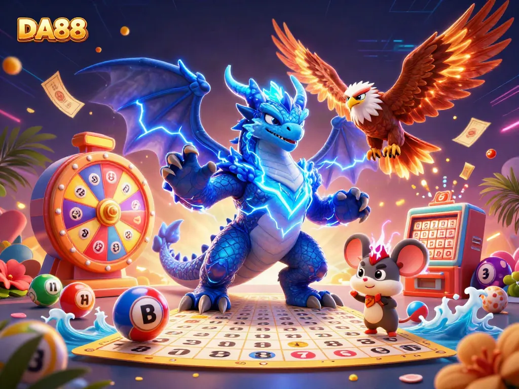 Experience the excitement of DA88 with a thunder dragon, wind hawk, and lottery elements in a vibrant casino scene.