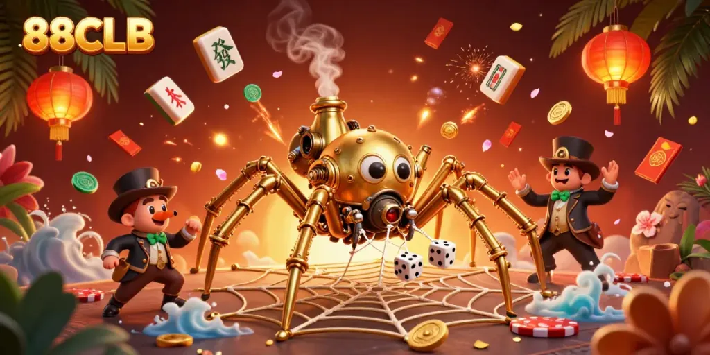 Engage with 88CLB's thrilling casino action, showcasing a vibrant steampunk spider amid golden gaming elements.