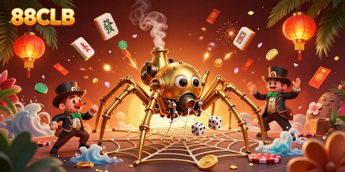 Engage with 88CLB's thrilling casino action, showcasing a vibrant steampunk spider amid golden gaming elements.