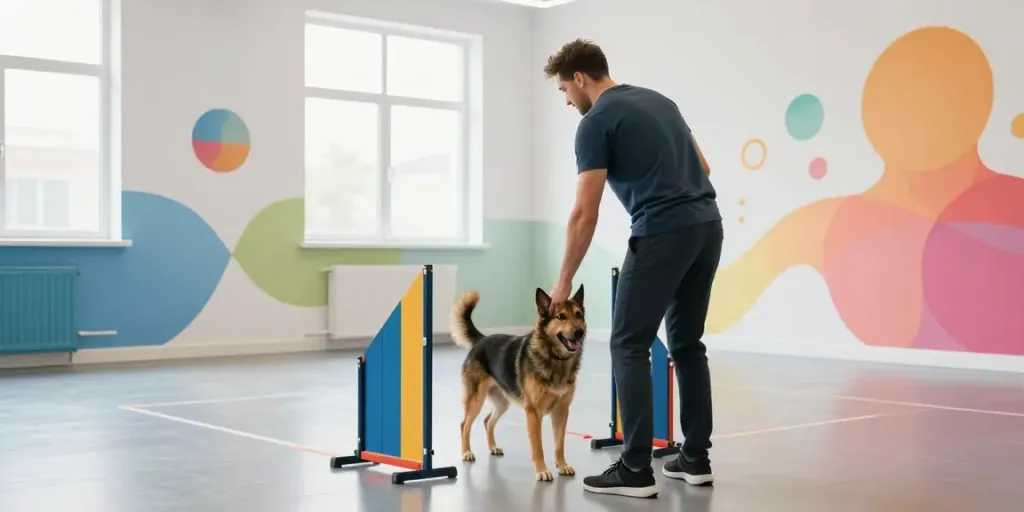 Hundetrainingsplan: Professionelles Hundetraining mit Verständnis und Geduld in einem modernen Schulungsraum.