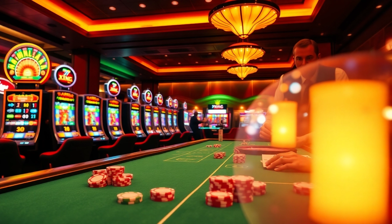 Exciting gaming scene with 79KING tables, poker chips, and vibrant slot machines.