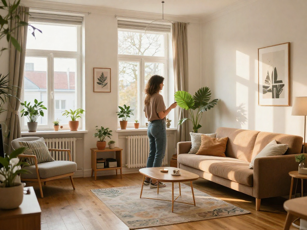 Moderne Monteurwohnung Hannover mit hellem Wohnraum, großen Fenstern und einladender Atmosphäre.