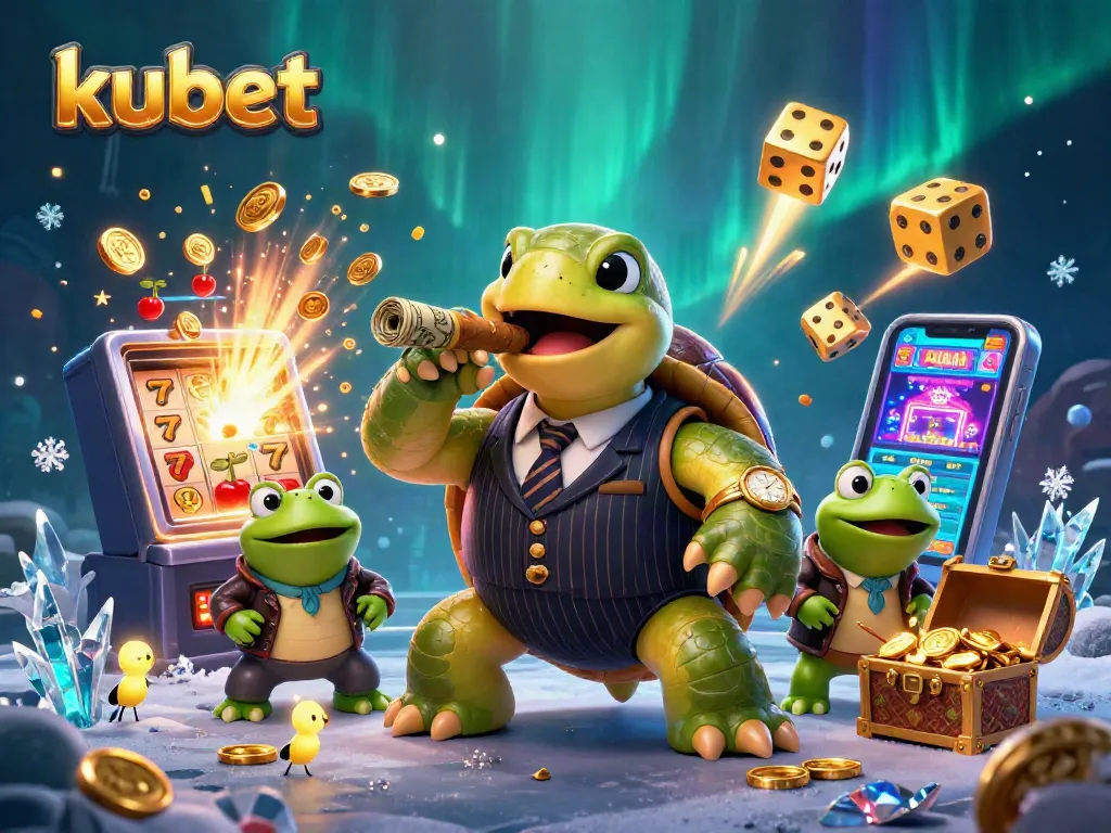 Experience the thrilling kubet casino scene with a whimsical turtle and frog enforcers amidst jackpot chaos.